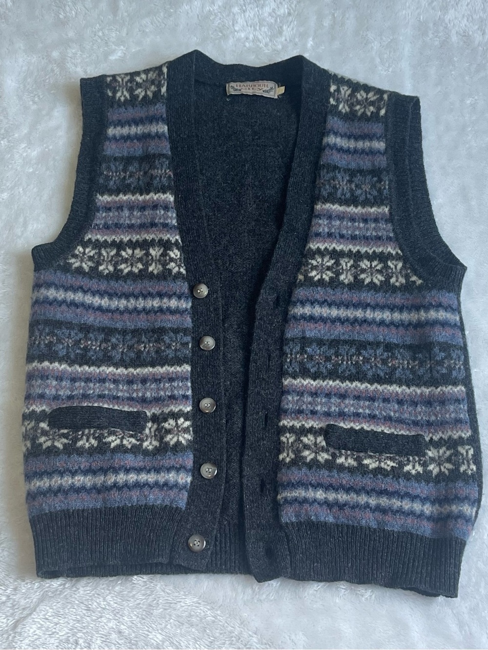 Vintage Harbour City Shetland Wool Fair Isle Sweater Vest Gray Purple Unisex S